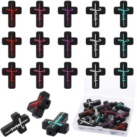 LIYDE 15 Pcs Religion Silicone Beads for Jewelry Making Jesus Faith Silicone Beads Bulk for Pens Silicone Beads with Box Cross Shaped Spacer Loose Beads for DIY Crafts Bracelets Making