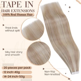 Hetto Tape-In Real Hair Extensions, Blonde Real Hair Tape-In Hair Extensions, Remy Tape-In Extensions, Real Hair, Blonde #18/613, Straight, 50 g, 50 cm