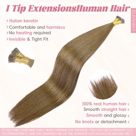 Eliysako Professional Itip hair extensions human hair #7 Caramel Brown 20inch 40G Itips with Natural-Looking I tip hair extensions real human hair for Daily Styling