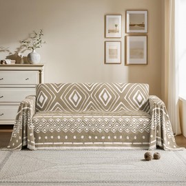 Maymiss Boho Couch Cover for Dogs Washable Chenille Sofa Covers Reversible Sofa Slipcover Pet Friendly for Sectional Sofa, 2 or 3 Cushion Couch (Boho1 Khaki, 71" x 150")