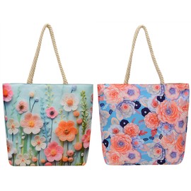 STARDICE Aesthetic reusable Eco Shoppping Beach Tote Canvas Travel Shoulder Bag with Pocket Zipper, Multicolor, Standard, Wildflower