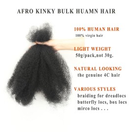 Afro Kinkys Bulk Human Hair,50g,braiding Human hair for Twist, Repaid Locs, Dreadlocks,Afro Kinky Bulk Human hair Extension for black women(10",1pack,1B)