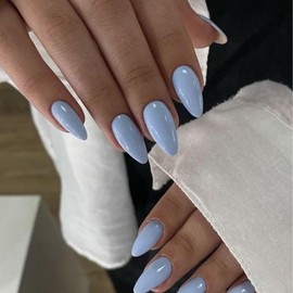 Blue Press on Nails Medium Almond SWEKKE Fake Nails Full Cover Blue Solid Color False Nails with Nail Glue Glossy Glue on Nails Acrylic Nails Manicure Artificial Nails for Women Girls 24Pcs