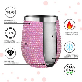 Vaso brillante con diamantes de imitación, vaso aislado de acero inoxidable, regalo de cumpleaños, regalo de día festivo, regalo de fiesta de novia, degustación de vinos, noche de niñas, vaso de vino, vaso brillante (rosa)