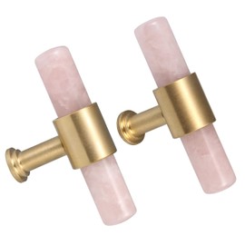 Nupuyai 2pcs Rose Quartz Crystal Stone Drawer Pulls and Knobs, Cylinder Wand Cabinet Knobs Brass Handles for Dresser Wardrobe Kitchen Decor