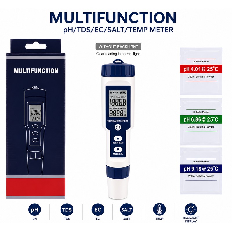 5-in-1 Digital Water Tester for Pools & Aquariums – pH,