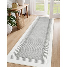Wonnitar Washable Striped Runner Rug 2'6"x8', Non-Slip Berber Stripe Hallway Runner, Low Pile Minimalist Kitchen Runner Soft Floor Carpet Runner Rug for Bedroom Bathroom Hallway (Grey,2'6" x 8')
