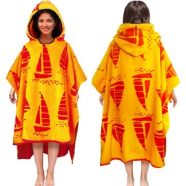 VOOVA & MOVAS Towel Poncho Adult (14Years Up)-Sailboat, Oversized Thick Soft Cotton Wearable Bath Towels for Lady, Swimming Towels for Women, Adult Hooded Poncho Towel for Bathroom, Pool Use