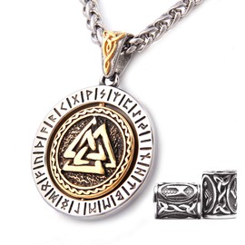 Gungneer Odin Valknut Pendant Necklace Norse Pagan Jewelry Stainless Steel Viking Jewelry Men, Viking Beard Beads Gift