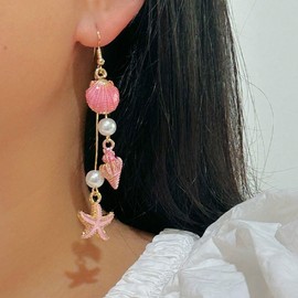 Pink Starfish Pearl Earrings for Women Boho Beach Earring Gold Conch Earring Bohemia Sea Shell Earrings Ocean Scallop Summer Jewelry Gifts (Pink)