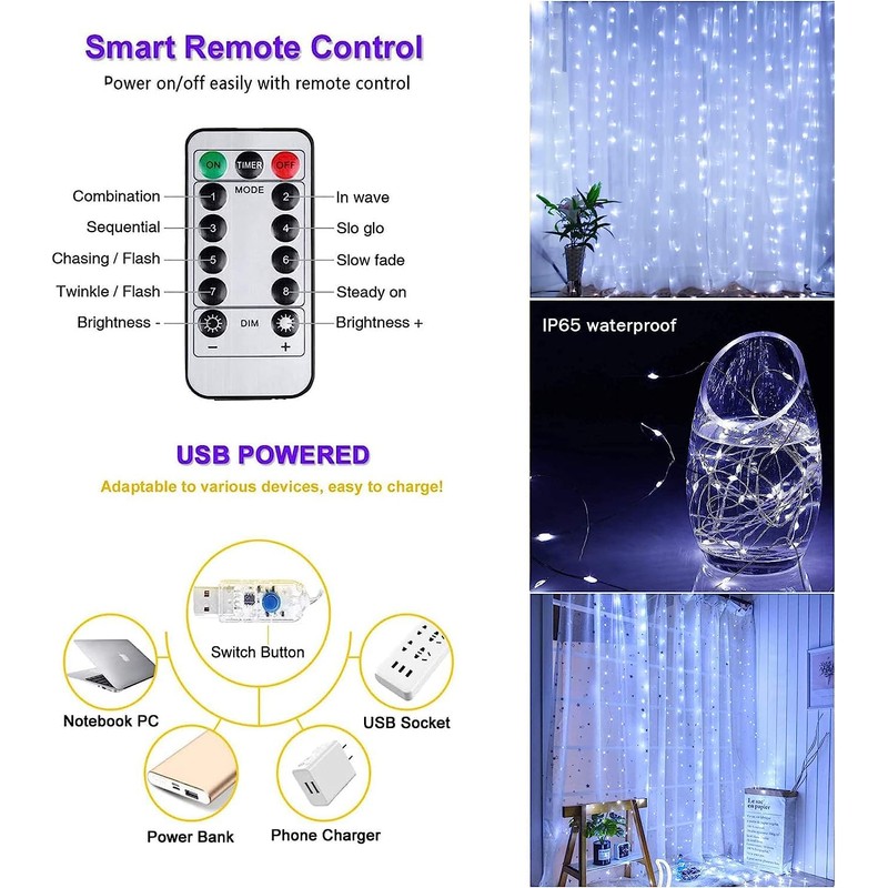 Lezonic Curtain String Light Waterproof, 3m×3m 300LED 8 Modes Remote