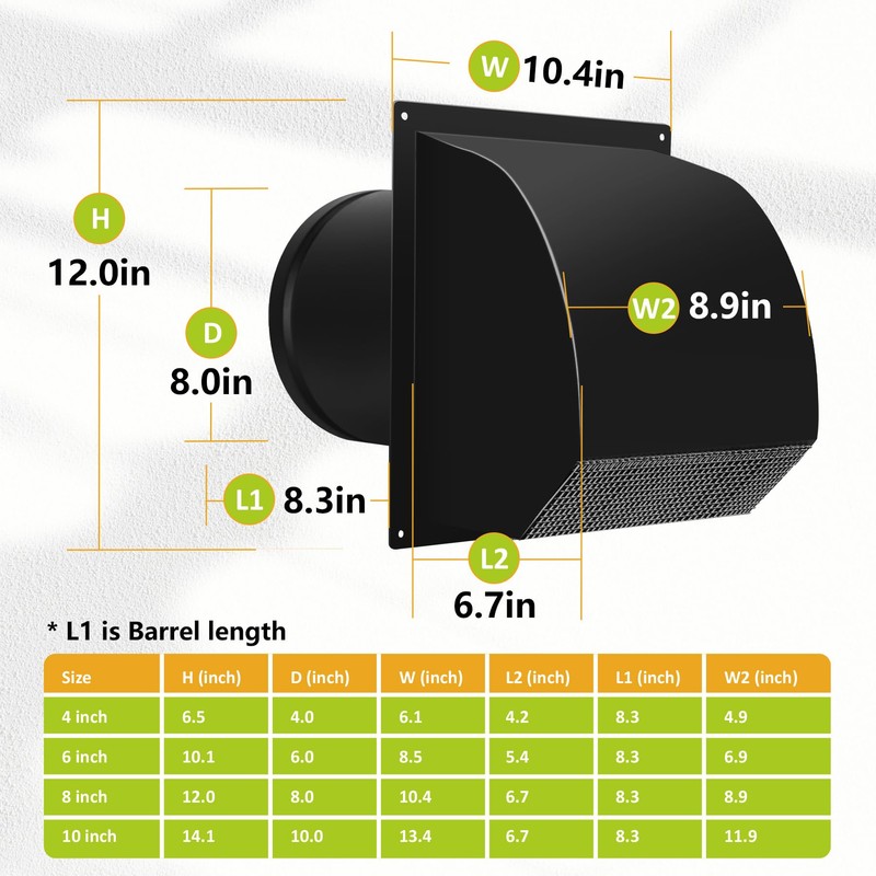 8 Inch Hooded Wall Vent with Screen& Damper,Arc-Shaped Wall Exhaust