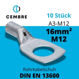 Cembre A3-M12 Tube Cable Lug 16 mm² M12 Uninsulated Tin-Plated Copper Pack of 10
