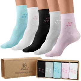 Klenton Ladies Bamboo Socks, Womens breathable socks, Socks with Smooth Toe Seams, Soft Top Bamboo socks, Planet Friendly gift box socks, Size 4-8, Pack of 5 (Black, Grey, Blue, Pink, White)