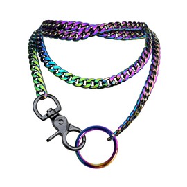 paloli Women's Slip Chain O-Ring Pendant Necklace, Adjustable Layered Slip Chain Choker Collar for Women, Gunmetal, Silver, Gold, Iridescent Cuban Chain Jewelry, Y-Necklace with Loop Pendant