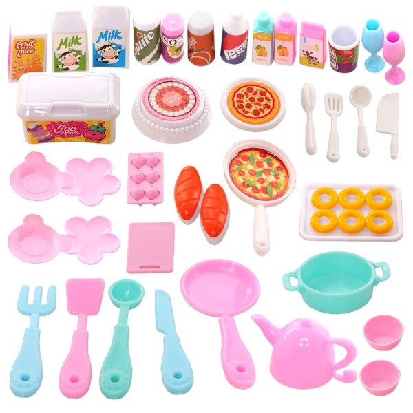 Doll Food Accessories Set, 57 Pcs Dollhouse Tableware Miniature Kitchen Accessories for Girl Doll Mini Pretend Kitchenware Play Toys for Girls Doll House Decor
