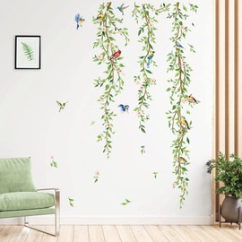 decalmile Hanging Green Vine Wall Decals Plants Leaves Birds Wall Stickers Bedroom Living Room Sofa TV Background Wall Decor