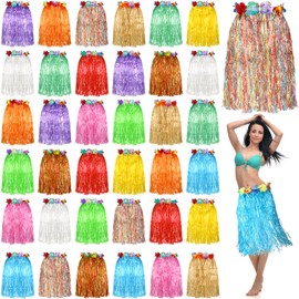 Unittype 36 Pcs Hawaiian Luau Hula Skirts Grass Skirts Elastic Hibiscus Flowers Colorful Luau Party Favors Tropical Decorations for Women Adults Summer Celebrations Party Supplies, 23.6 Inch