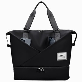 FIORETTO Womens Travel Bag Duffle Bag with Laptop Compartment, Water Resistant Gym Bag Weekend Bag Overnight Hospital Bag Holdall with Separated Shoes Compartment & Wet Pocket Black