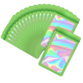 EONJOE 100-pack 3×4 inch mylar bags with clear window holographic resealable sealable packaging zip bag for small bussiness jewelry candy sample food packing supplies （green）