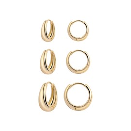 CORIXTAL 3 Pair Gold Small Hoop Earrings Set for Women, 14K Gold Plated Twisted Huggie Hoop Earring Hypoallergenic Thick Open Lightweight Chunky Hoop Earrings Jewelry for Gifts, Brass, No Gemstone