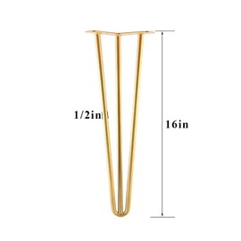 ALXEH 16 Inch Hairpin Legs Metal - 1/2” Dia 3 Rods Design - Mid Century Furniture Table Legs, DIY Furniture Hairpin Feet Gold for Nightstand, Coffee Table and TV Stand, Set of 4