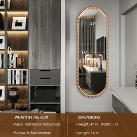 Fobule Oval Full Length Mirror, 16"x47" Metal Beaded Frame Large Hanging Dressing Floor Mirror for Bedroom, Living Room, Entryway, Antique Gold (No Stand)