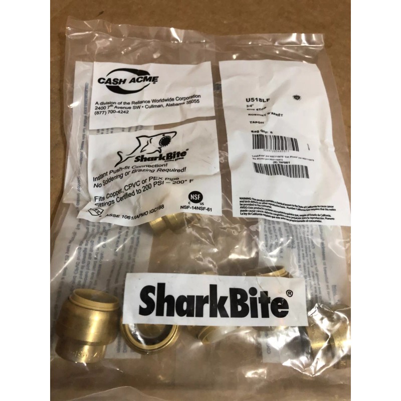SHARKBITE U518LF, 6-PACK, BRASS END STOPS, 3/4" , PUSH-TO-CONNEC