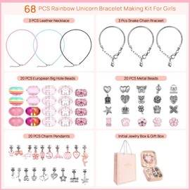 Kit para hacer pulseras con dijes para niñas, 66 piezas de joyería con caja de regalo y bolsa, kit de joyería de regalo para niñas adolescentes, manualidades para niñas de 8 a 12 años