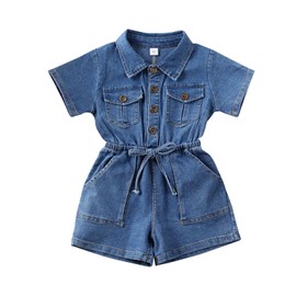 Toddler Baby Girl Denim Overall Shorts Lapel Button Down Bule Jean Romper Jumpsuit Girls Fashion Summer Fall Clothes (C-Blue, 3-4 Years)