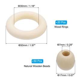 PATIKIL Natural Wood Rings and Unfinished Wooden Beads Set, 20Pcs 50mm Wood Hoop & 50Pcs 17mm Wood Color Round Loose Beads for DIY Pendant Connectors Jewelry Making Macrame Wall