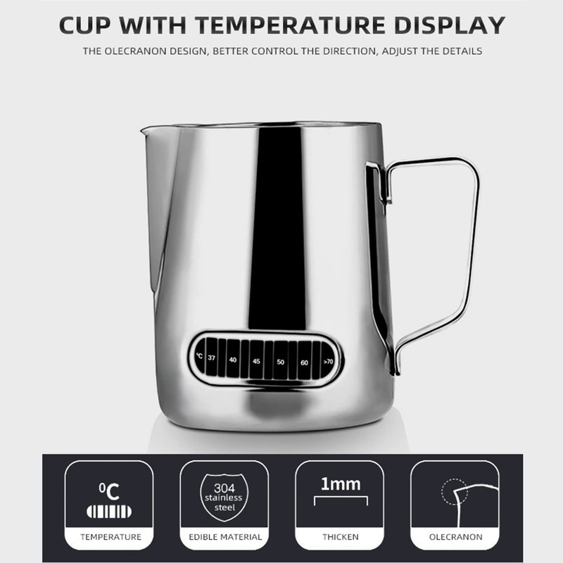 Milk Frothing Jug 600ml Thermometer Control Espresso Coffee Pitcher Measurements