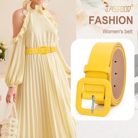 JASGOOD Women’s Leather Belt for Jeans Pants Candy Color Fashion Square Buckle Ladies Belts for Dresses, Yellow, Fits Waist Size 40"-45"