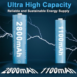 KOSHARE Rechargeable Ni-MH Battery with Charger,16 Pack 1.2V 2800mAh AA and 1100mAh AAA Ni-MH Battery with 2 Plastic Boxes, Reach up to 800 Times, Pre-Charged (Black+Blue, 8AA8AAA+8Slot Charger)