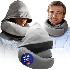 Sleevo Aeroplane Neck Pillow, Travel Pillow, Aeroplane Neck Pillow, Car Neck Pillow, Adult Neck Pillow, with Hood, Velvety Soft and Breathable, Grey
