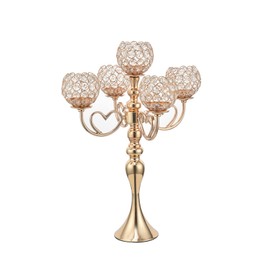 VINCIGANT Gold Crystal Candle Holders 5 arm Candelabra Centerpiece for Wedding Table Decorations, 21.5 Inches Tall