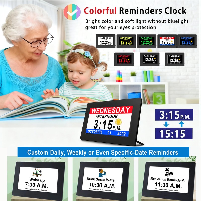 MASSII 8 Inch Large Dementia Clock 19 Alarms with Auto