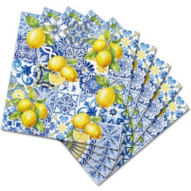 JarThenaAMCS 50Pcs Tile Lemon Paper Napkin Blue Yellow Disposable Napkin Summer Dinner Napkin Luncheon Napkin for Party Supplies Table Decor