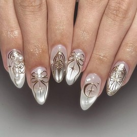 White French Tip Press on Nails Long Almond Fake Nails with 3D Gold Bohemia Bow Pearl Design Green Glitter Glue on False Nail Glossy Goth Acrylic Artificial Stick on Nail for Women 24PCS