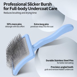 JOYPAWS Pet Slicker Brush for Long & Short Hair - Detangling Tool for Dogs & Cats - 135° Angled Stainless Steel Pins, Curved Handle - Gentle Grooming for Small/Medium/Large Breeds (Blue)