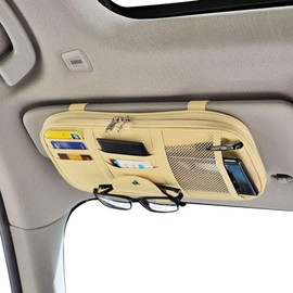 Da by Car Sun Visor Organizer, Multi-Pocket Visor Organizer Storage Pouch for Cars, SUVs & Trucks with Double Zippers, Elastic Bands & Glasses Clip- Organizes Essentials Keep Tidy (Beige Light Yellow)