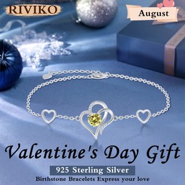 RIVIKO Love Heart Charm Bracelet For Women 925 Sterling Silver August Birthstone Bracelets Adjustable Link for Mother Wife Sister Birthday Christmas Mother's Day Valentine's Day Jewelry Gift