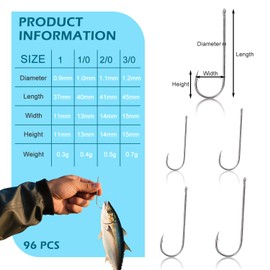Sea Fishing Hooks - VLYX 96 PCS Barbed Aberdeen Hooks, Long Shank Wide Gape Size 1#, 1/0, 2/0, 3/0 - High Carbon Steel Lightweight for Sea Fishing