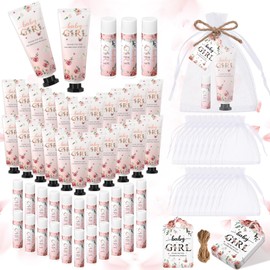 Swiffen 48 Sets 192 Pcs Baby Bridal Shower Hand Cream and Lip Balm Gift Baby Shower Wedding Party Favor Travel Size Hand Lotion and Lip Balm Bulk with Organza Bags Tags for Guests (Pink Flower)
