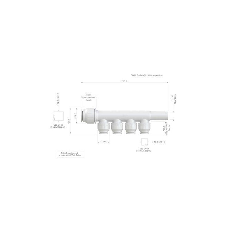 John Guest 22mm x 15mm 4 Port Manifold with Stem