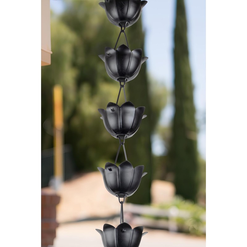 Monarch Rain Chains Aluminum Lotus Black Rain Chains for Gutters