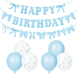 Blue Party Decorations for Girls,Bow Birthday Decorations,Blue Birthday Banner,25 Cards + 12 Latex Bow Ballons,Cute Decor for Girls Celebrations and Events,Party Supplise,Exquisite Photo Backdrop