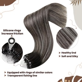 Hetto Micro Beads Hair Extensions Silver Micro Rings Hair Extensions Real Human Hair Ombre Black to Silver Human Hair Extensions Micro Loop Straight 14Inch 50g/50s 20'' #1b/Silver/1b