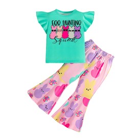 Trsenvrml Girls Easter Outfit for Kids Egg Hunting Squad Shirts Ruffle Sleeve + Toddler Flared Bunny Pants Set (Green, 3-4T)