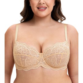 Mirry Lace Bras for Women Plus Size Full Coverage Underwire Floral Lace Non-Padded Bras Unlined 44D Nude